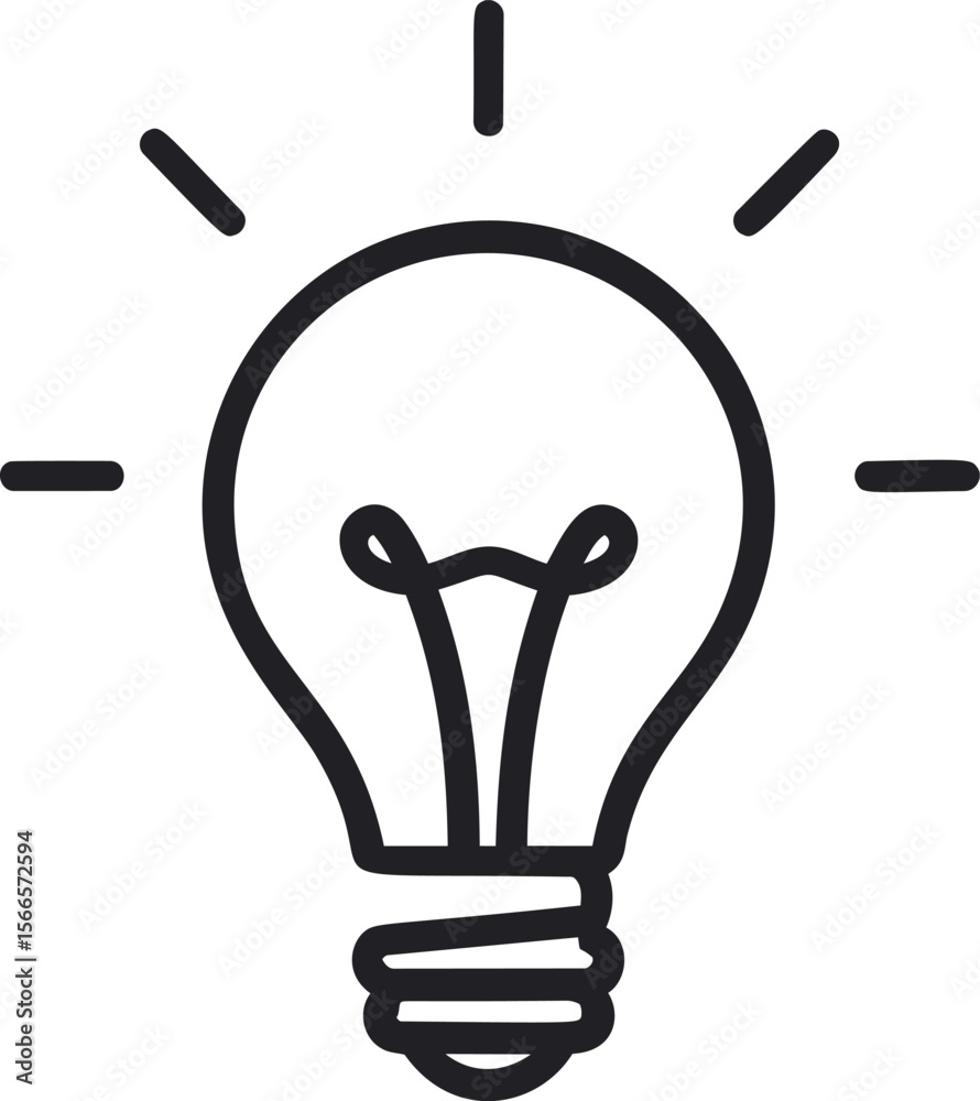 Poster simple black line drawing of a glowing light bulb with radiating lines