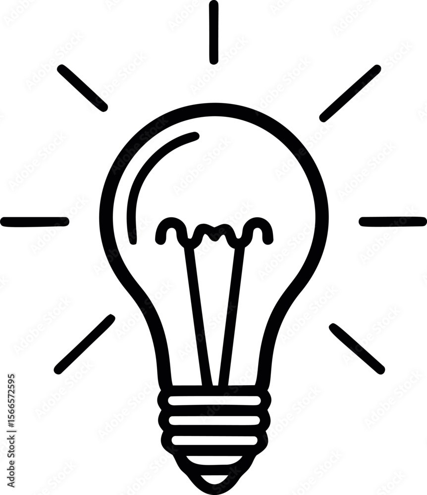 Poster Line drawing of a light bulb with rays representing ideas and innovation