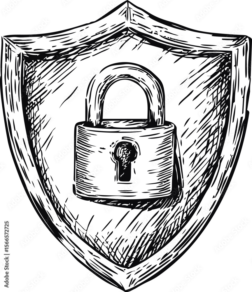 Poster illustration of shield with padlock symbolizing security and protection