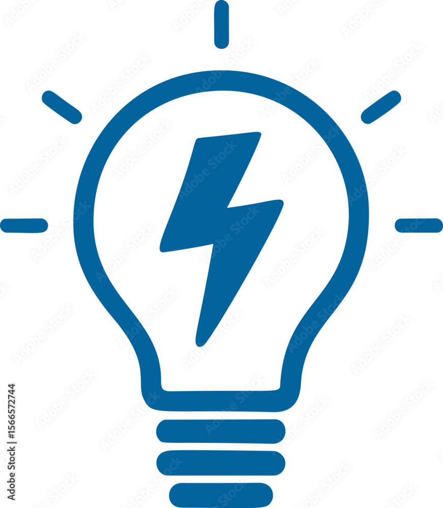 Poster blue icon of a light bulb with a lightning bolt and rays of light, vector concept