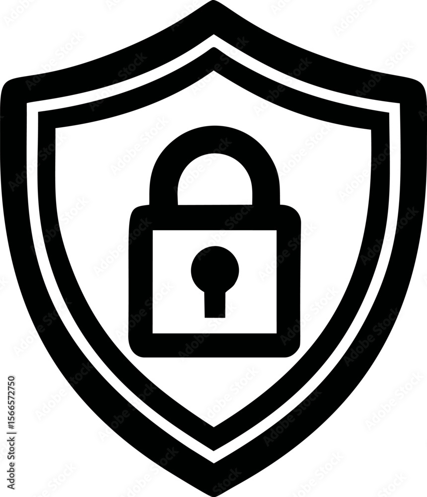 Poster black and white shield with padlock symbolizing security and protection
