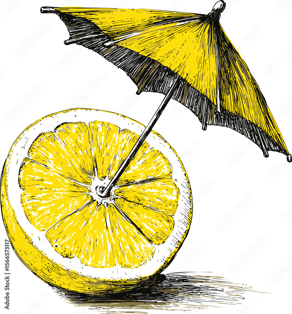 Poster illustration of a halved lemon with yellow parasol in a sketch style