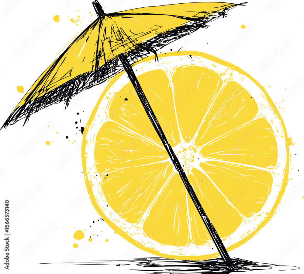 Poster yellow parasol sketch leaning on vibrant lemon slice with ink splashes