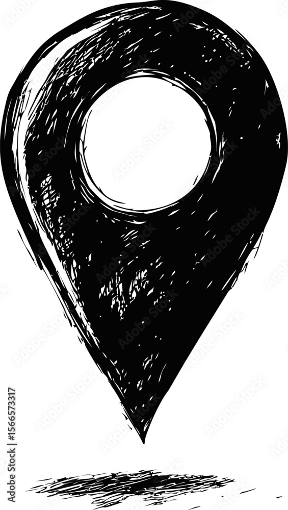 Poster black and white sketch of a location pin icon with textured details