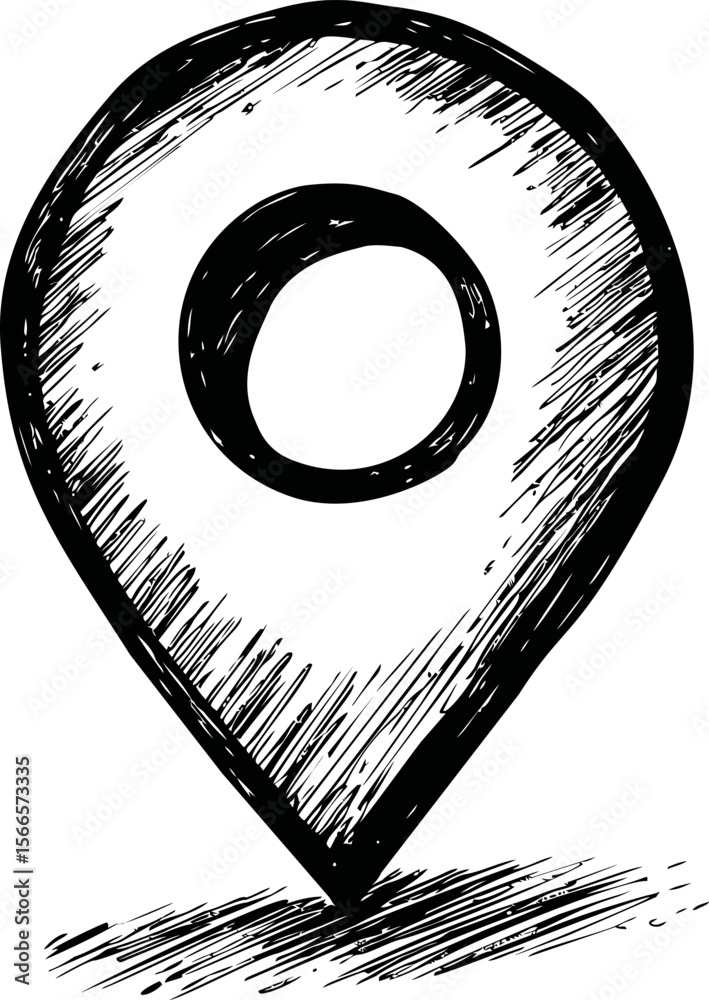 Poster black and white sketch of a map pin symbol with textured lines