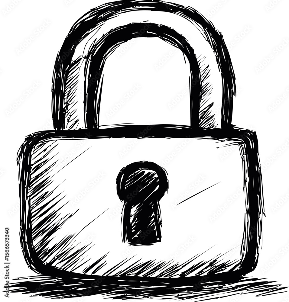 Poster hand-drawn sketch of a padlock with a keyhole in black and white style