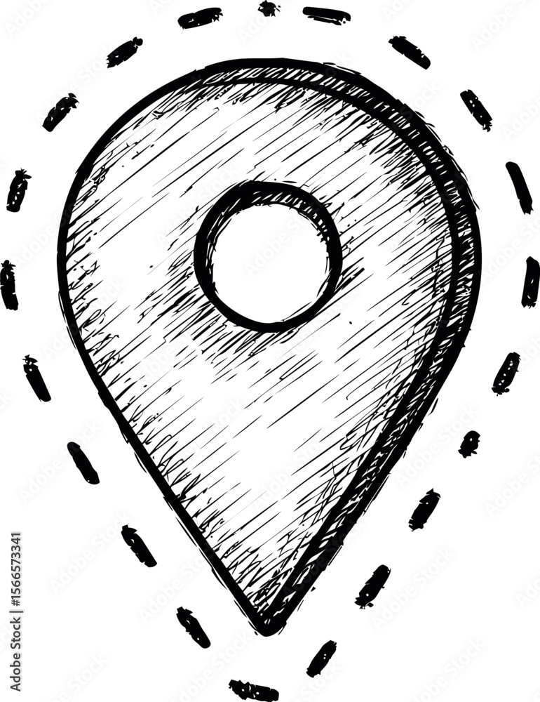 Poster hand-drawn black and white location pin icon with dashed line