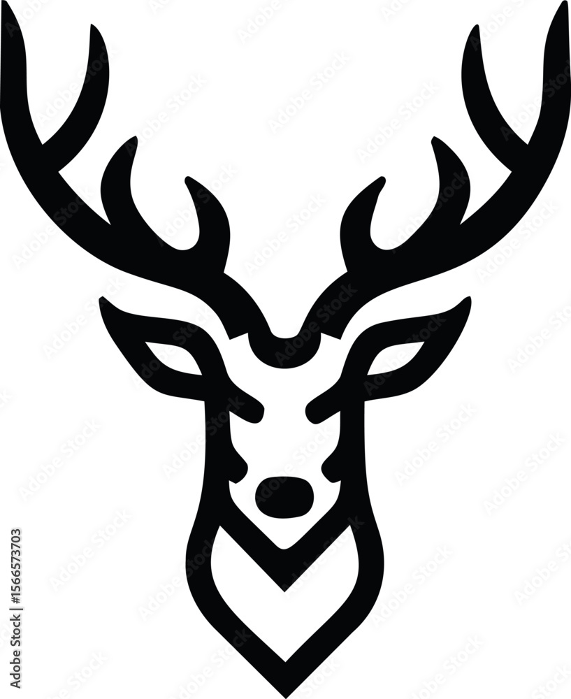Poster stylized black deer head with large antlers in a minimalistic design