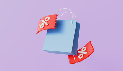 Shopping bag with red discount coupons with percentage symbols and online shopping deals