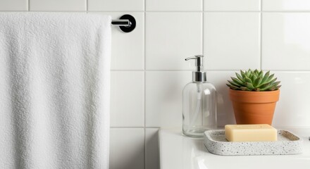 Bathroom Decor with Towel, Soap and Potted Plant Still Life