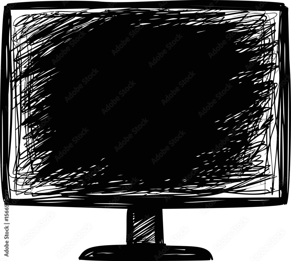 Fototapete Sketch of a black computer monitor with scribbled screen and base