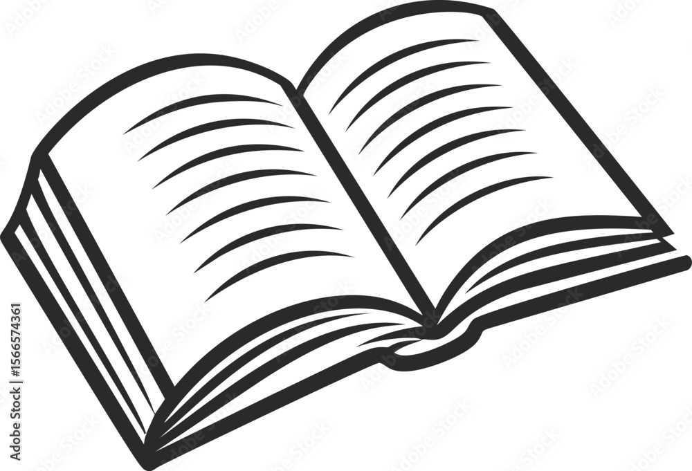 Poster Black and white outline of an open book with visible pages, concept of learning