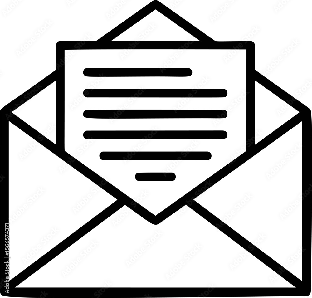Poster open envelope with letter icon in simple black and white line art