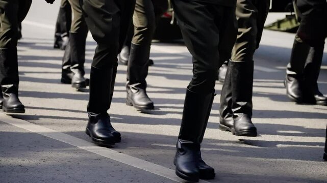 Groups of uniformed individuals marching in black boots and dark attire along a paved road, demonstrating synchronized group movement and disciplined procession.