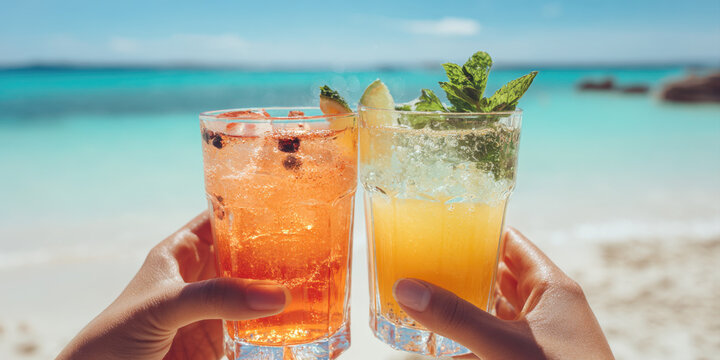 Two hands toasting with vibrant, refreshing cocktails against a backdrop of a clear blue sky and the sparkling ocean, perfect for themes of summer, celebration, and tropical vacations - Powered by Adobe