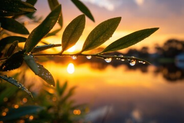 A Serene Sunrise Over a Tranquil Pond with Dew-Kissed Leaves
