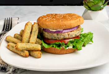 chicken burger with  broccoli fries