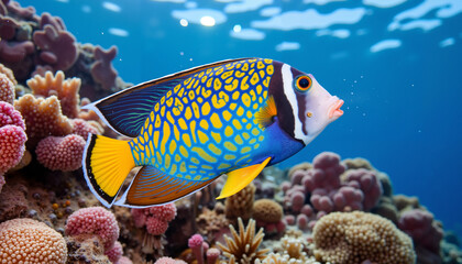 Colorful fish swimming above coral reef in clear blue water  