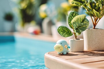 A whimsical blue hippopotamus figurine sits in quiet contemplation, surrounded by lush greenery and the tranquil glow of a sunlit swimming pool