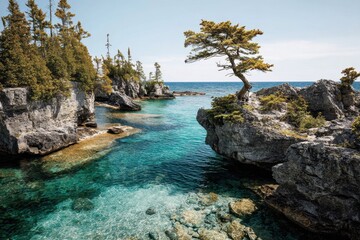 A Lone Pine Tree Stands Resilient in the Heart of a Crystal-Clear Coastal Wonderland