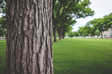 A close-up of a tree trunk in a serene park setting, highlighting the natural beauty of nature