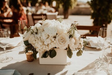 A White Floral Centerpiece on a Rustic Table