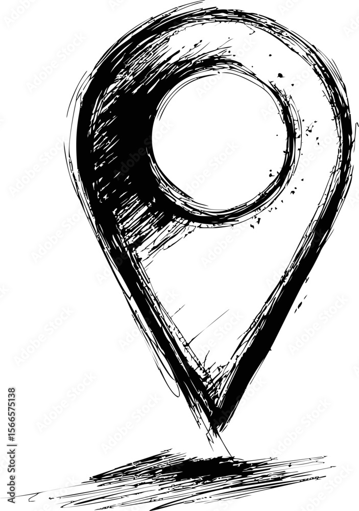 Poster black and white sketch of location pin icon with rough texture