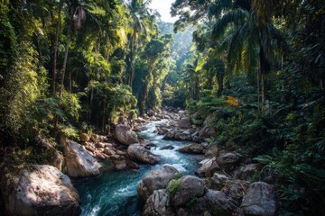Fototapeta premium A River Flows Through a Lush Tropical Forest