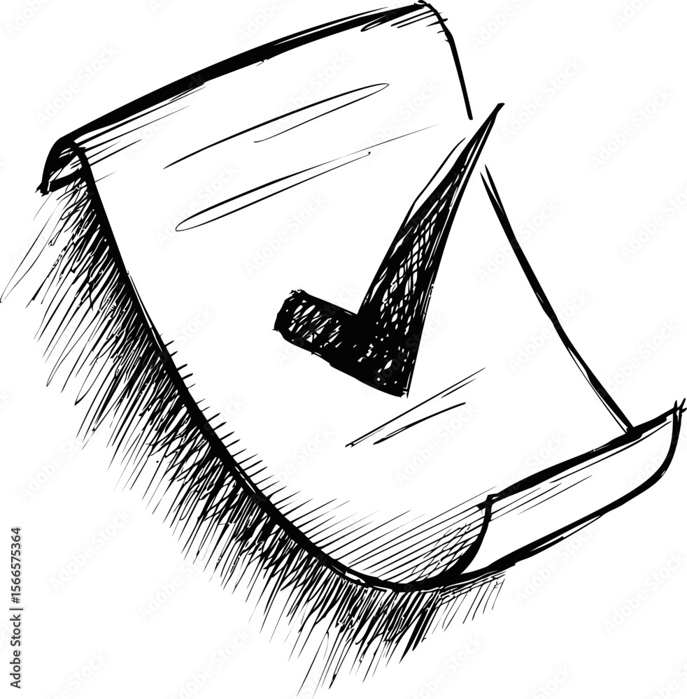 Poster hand-drawn check mark on textured page, abstract sketch design