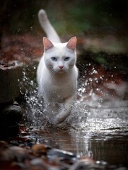 A white cat leaps into a tranquil pond, its eyes reflecting the serene surroundings
