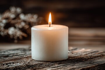 A Single Candle's Gentle Dance on a Textured Wooden Surface