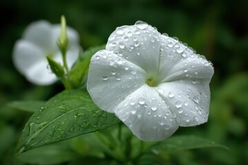 A white flower blooms amidst a sea of green leaves, its petals glistening with water droplets, capturing the essence of tranquility and beauty in the midst of life