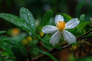 A White Flower with Yellow Center Captivates in the Rain