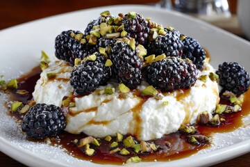 Indulge in the sweet harmony of blackberries and pistachios on a creamy white base, this delectable dessert promises a burst of flavors
