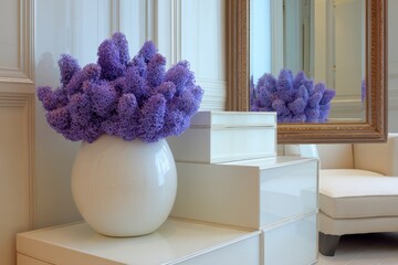 A Vase of Lilac Flowers on a Classic White Sofa and Cream-Colored Boxes, Reflected in an Ornate Mirror