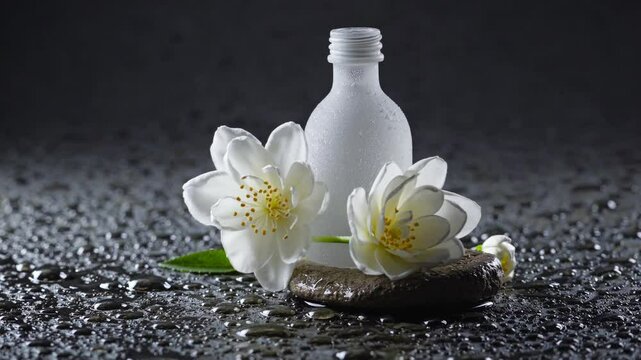  Flacon cosm&eacute;tique blanc avec fleurs de jasmin sur fond mouill&eacute;