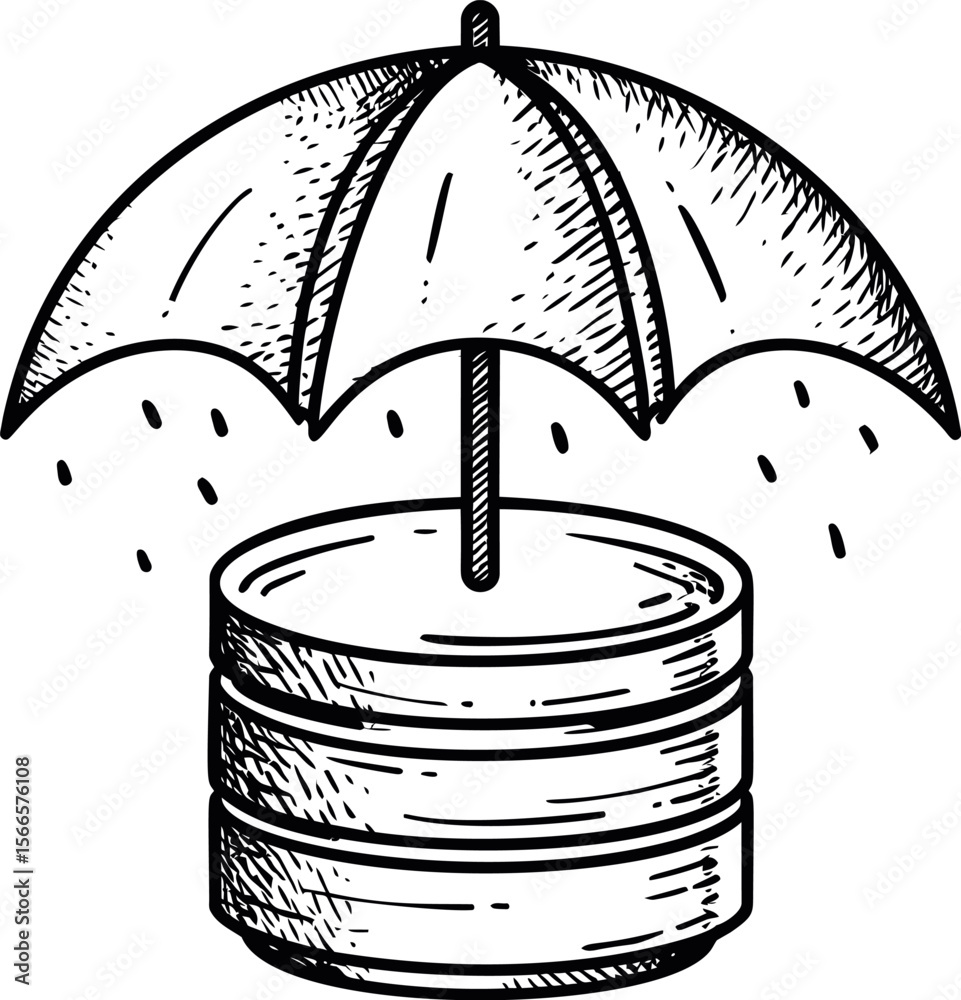 Poster Database symbol with umbrella icon protecting from rain sketch doodle style