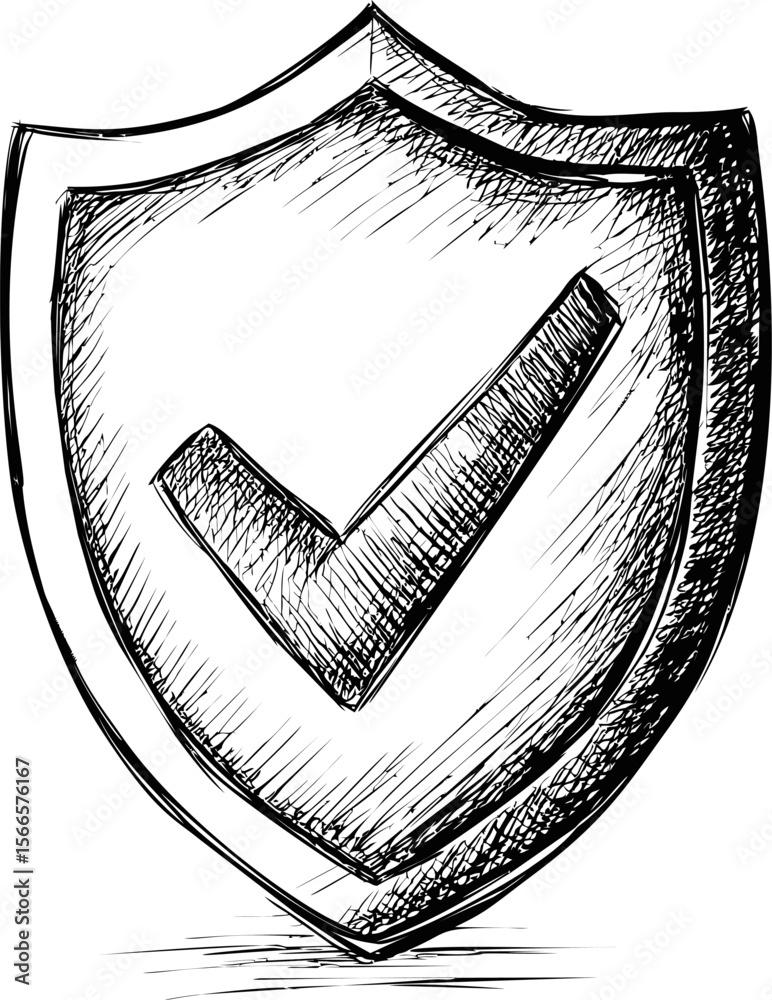 Poster hand-drawn shield with checkmark symbolizing security and protection