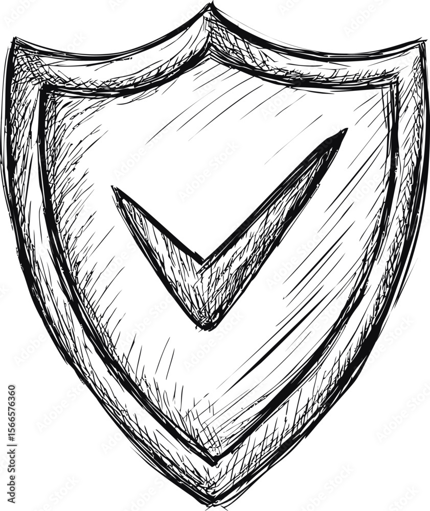Poster Black and white sketch of a shield with a check mark symbol for security concept