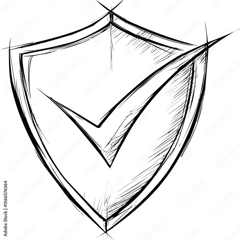 Poster Sketch of a shield with a check mark in black, security concept