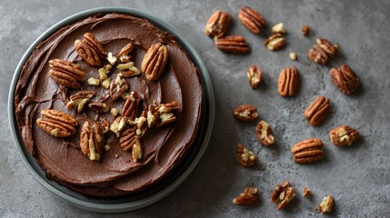 Delicious Chocolate Cake with Pecan Nuts on Gray Background