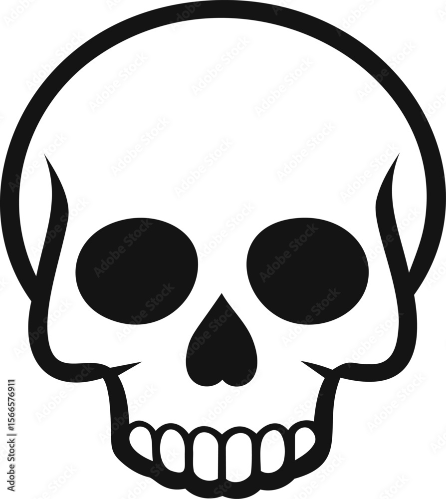 Poster simple black and white skull icon with bold outlines and empty eye sockets