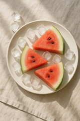 cold watermelon slices and ice cubes on a white plate, linen fabric background, sunlight reflecting softly, summery flat lay with airy composition