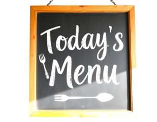 Today’s Menu Chalkboard Sign PNG – Vintage Café Style with Handwritten White Text, Fork and Spoon Doodles, and Framed Blackboard Design, Isolated on White Background for Restaurants and Kitchens