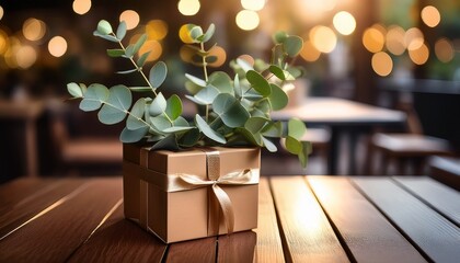eucalyptus in gift box on cafe table bokeh background cozy atmosphere blog post image