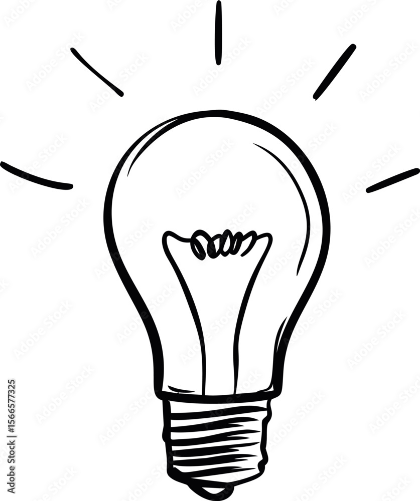 Poster black and white sketch of a light bulb with shining rays, symbolizing ideas