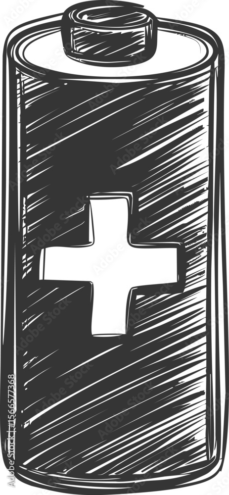 Poster sketch of a cylindrical battery with cross symbol in black and white style