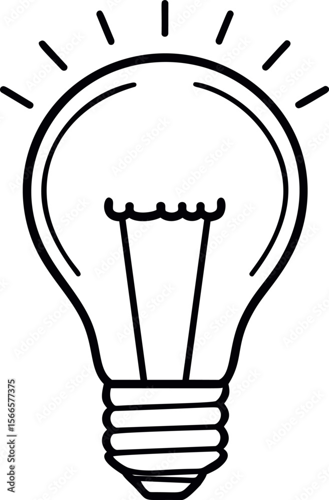 Poster simple black and white outline of a light bulb with radiating lines