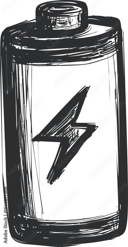 Poster hand-drawn sketch of a battery with lightning bolt symbol in black and white
