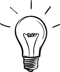 Black and white sketch of a light bulb with shining rays, symbolizing ideas